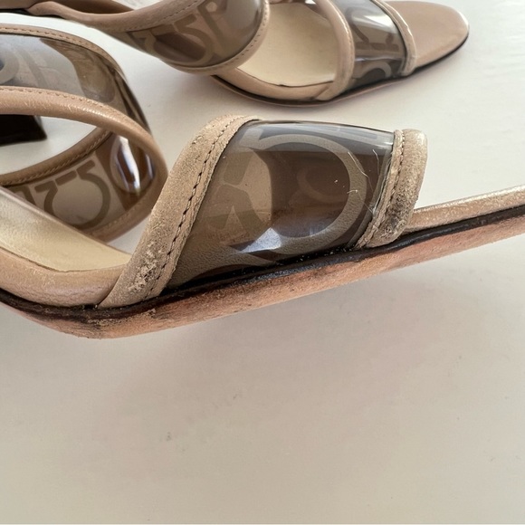 SALVATORE FERRAGAMO Brown Beige Clear Straps Slides Slip On Heels Sandals Sz 7 - Picture 12 of 16